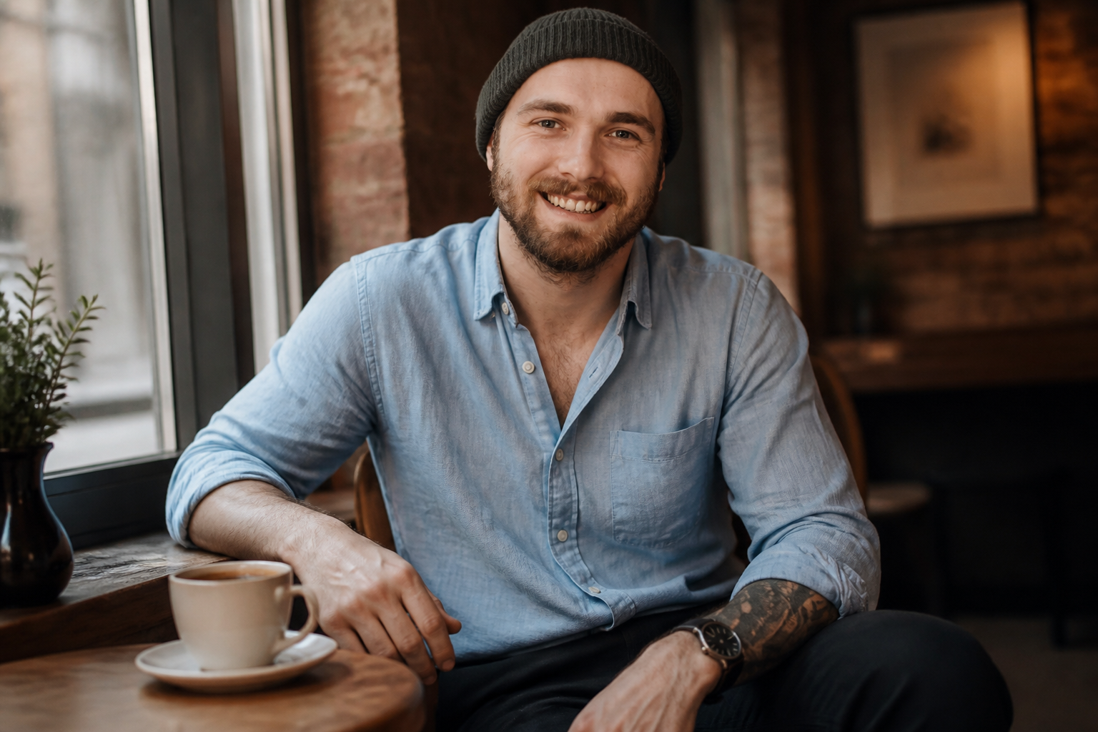 Turn my reference photo into a photorealistic café lifestyle