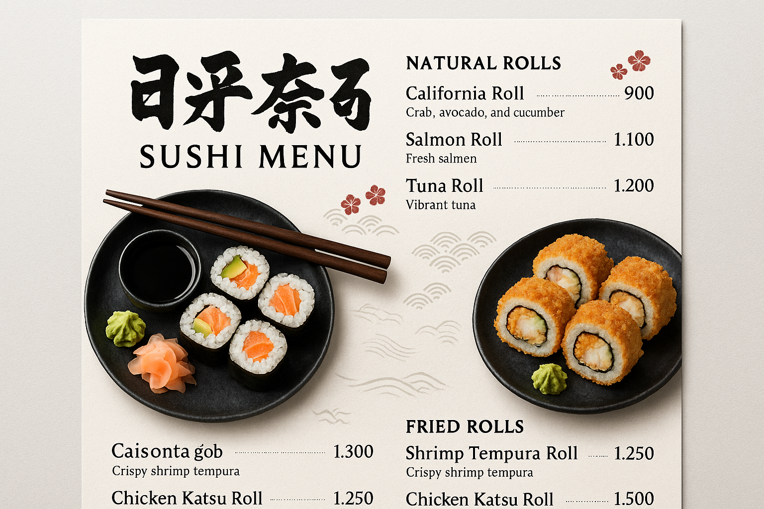 Include short elegant descriptions for every sushi roll, nea