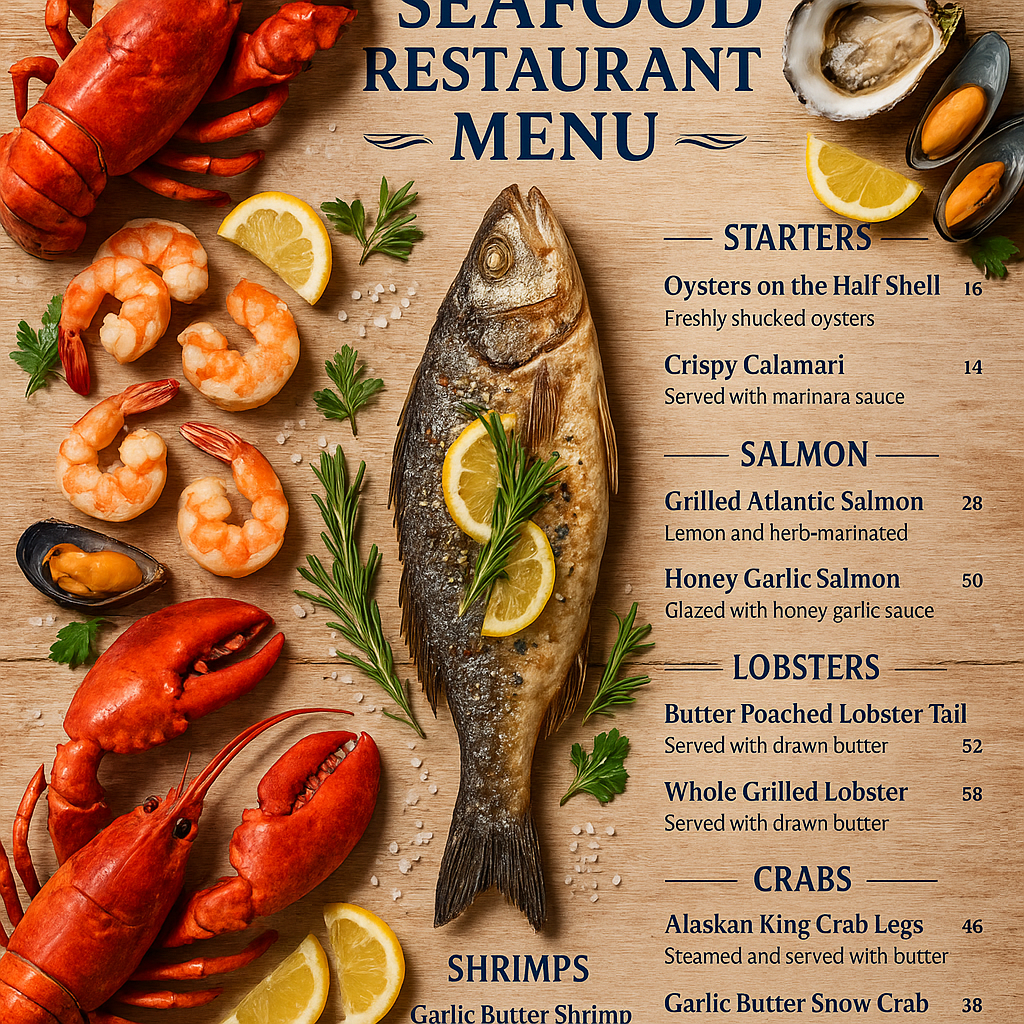 Create a high-resolution seafood restaurant menu with a weat