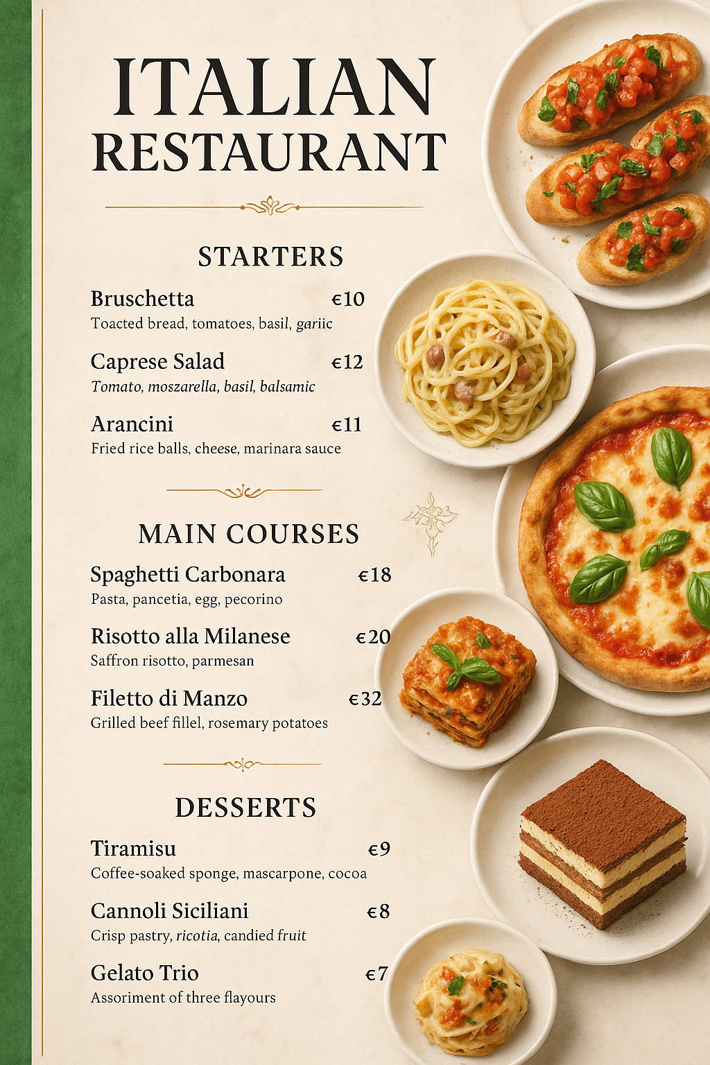 Create a high-resolution Italian restaurant menu with a vert