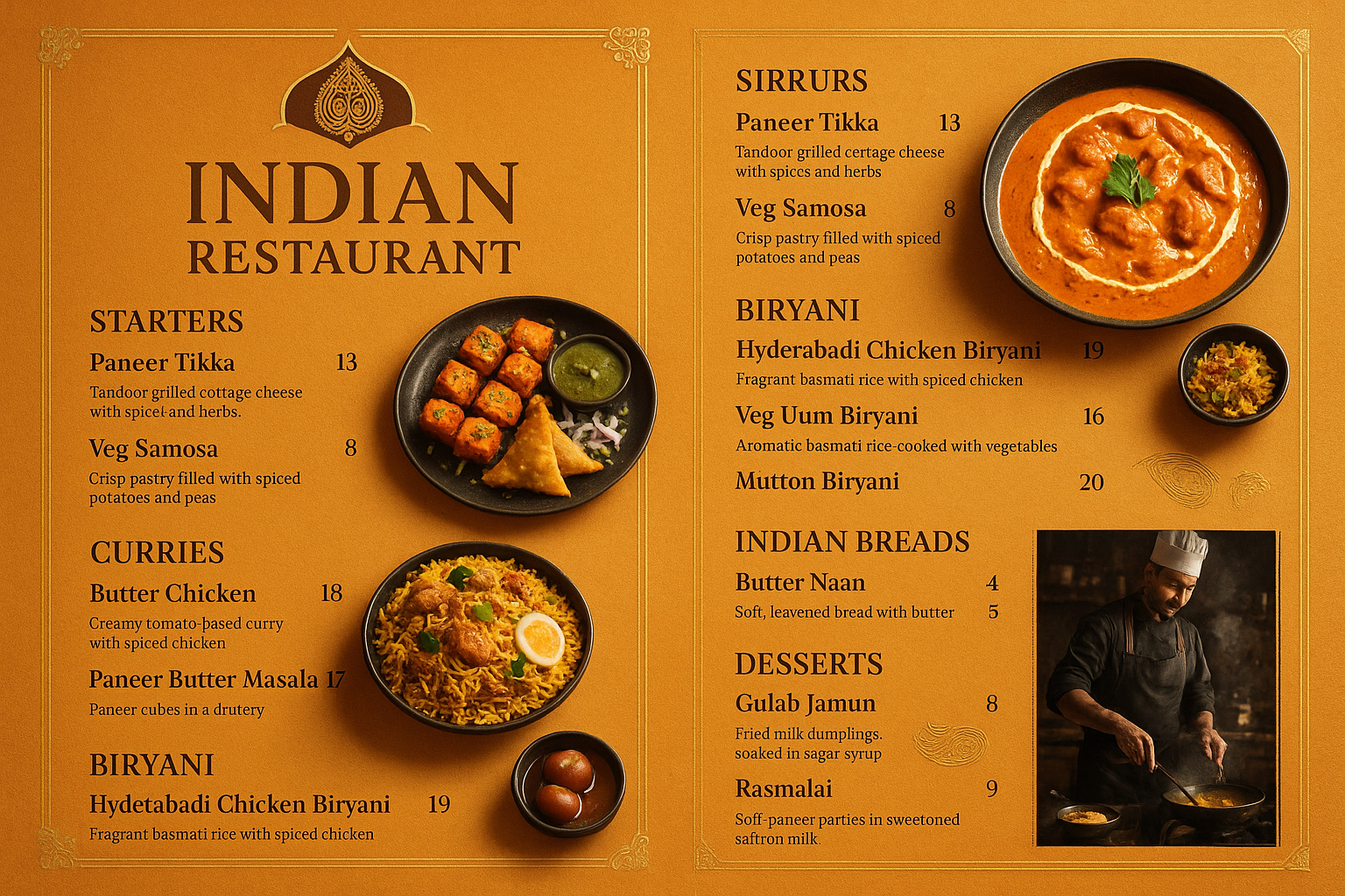 Create a high-resolution Indian restaurant menu in a portrai