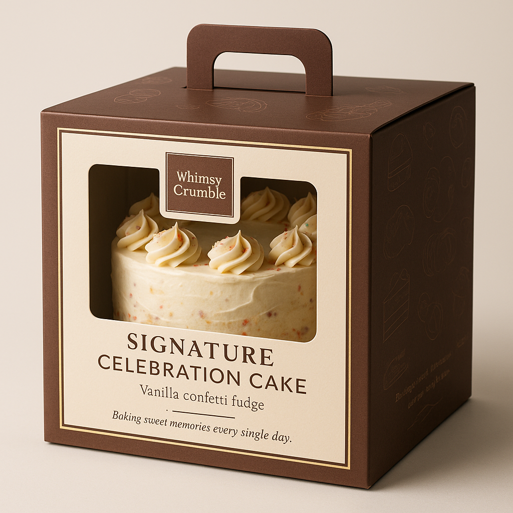 Photorealistic premium cake box design for WhimsyCrumble Sig