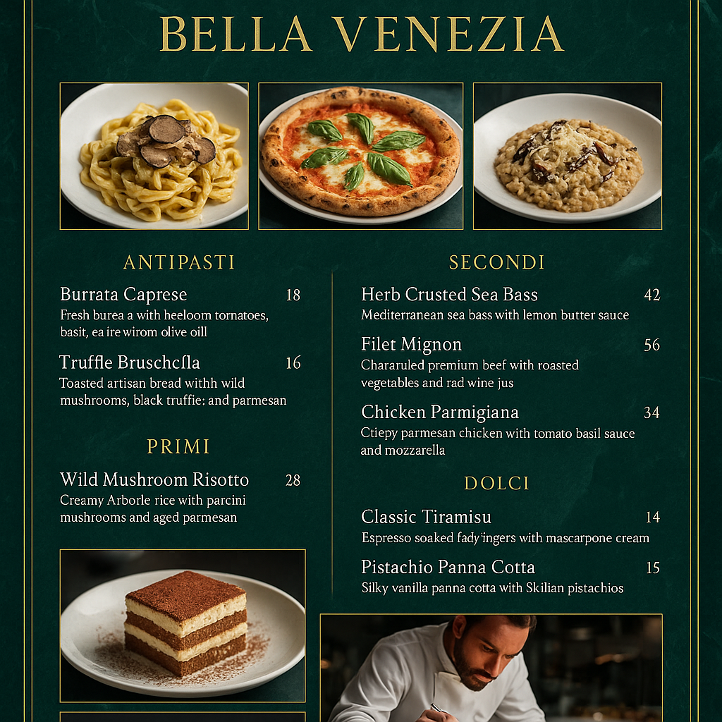 A luxury Italian fine dining restaurant menu, portrait A4 fo