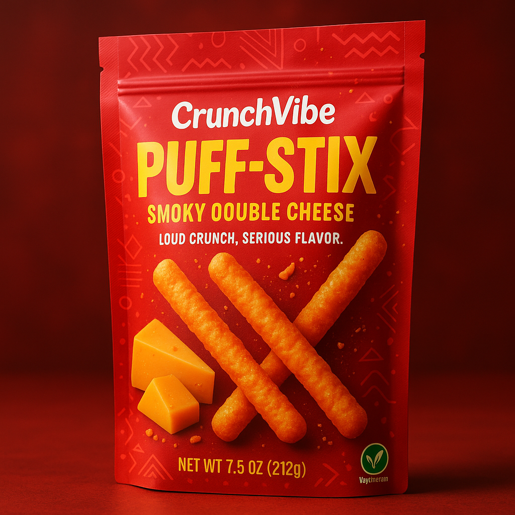 Modern snack box design for CrunchVibe Puff-Stix using a pre