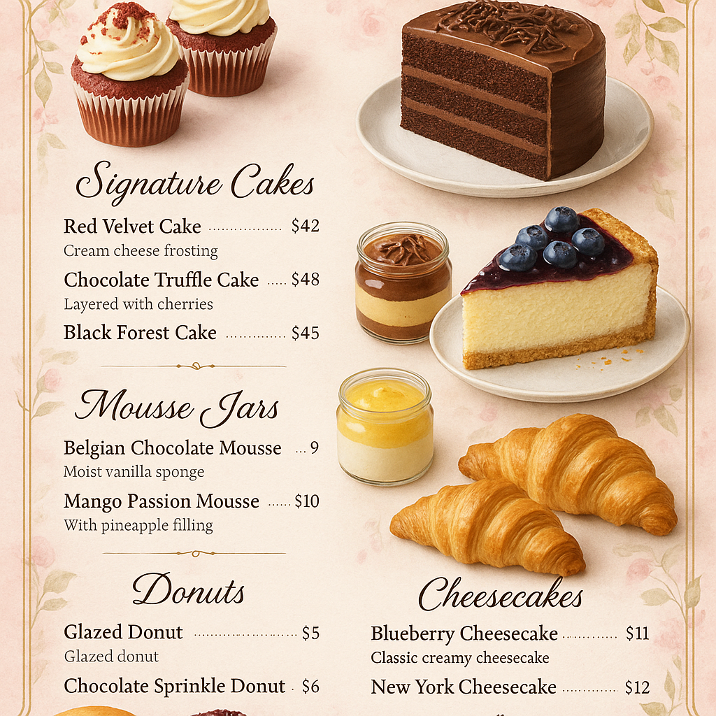 Create a high-resolution bakery and dessert menu with a soft