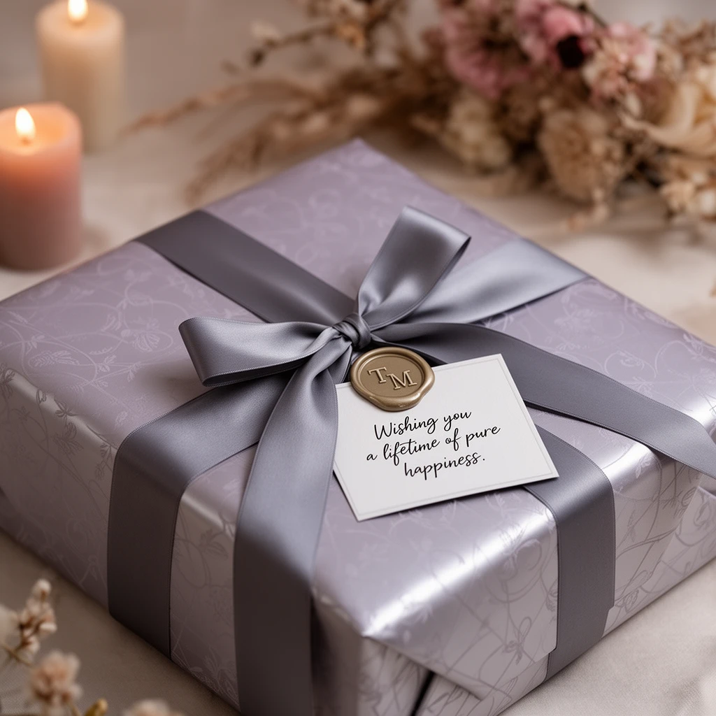 Photorealistic wedding gift wrap concept showing refined wed