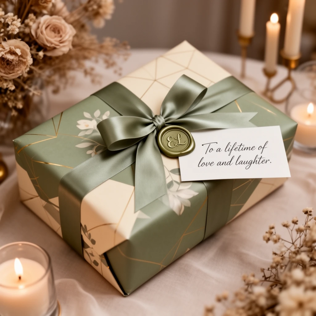 Photorealistic wedding gift wrap concept showing refined wed