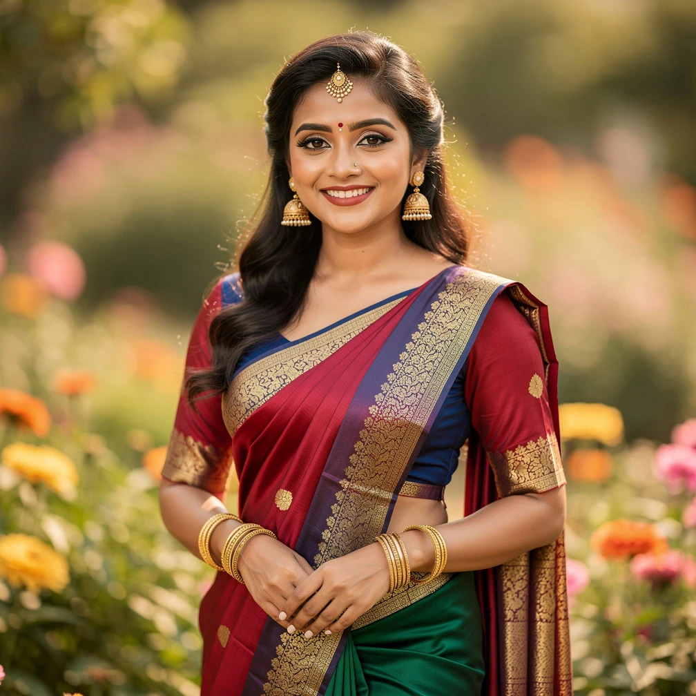 A beautiful Indian woman wearing an elegant traditional silk